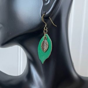 2/$25 Leather & brass green leaf earrings